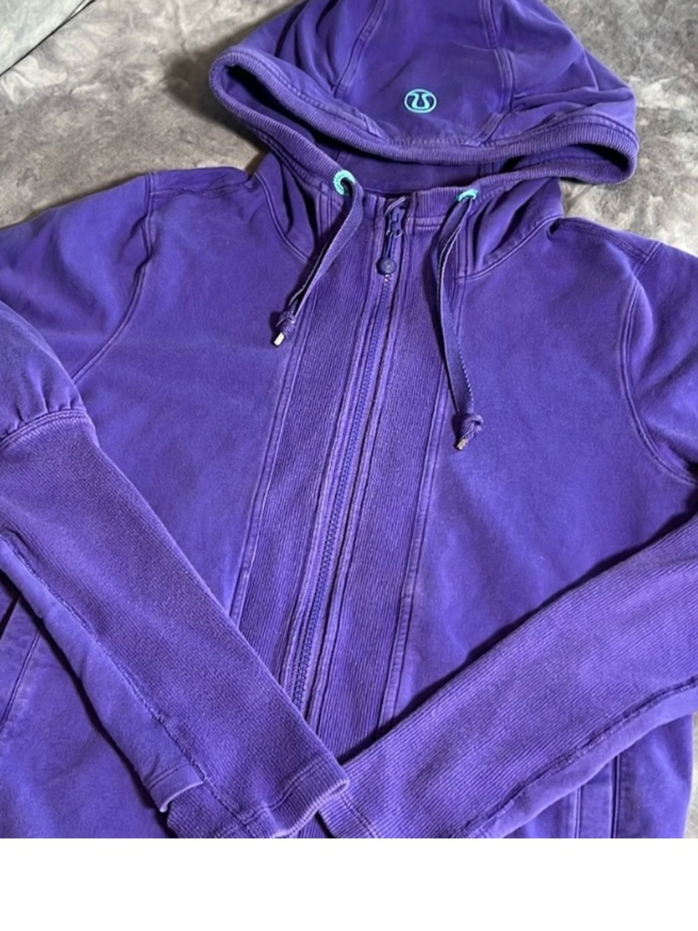 Lululemon Distressed Full Zip Hoodie, Thumb Holes, approximate size 8